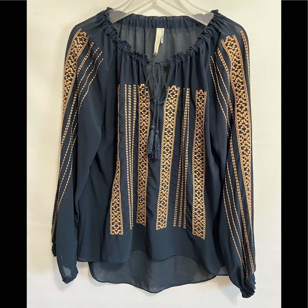 Paper Crane shirt hi-lo EC sz M Navy gold embroidery long sleeve lightweight